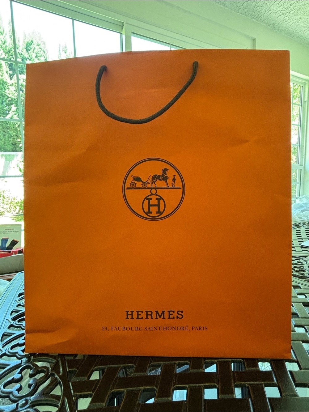 Hermes Orange Shopping Bag with Black Rope Handles